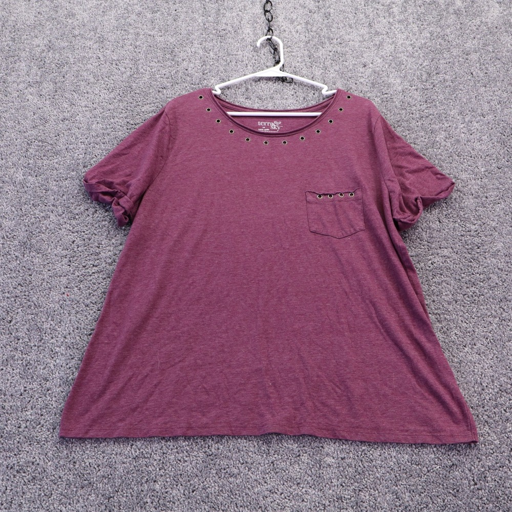 Terra & Sky T Shirt Womens 1X Burgundy Grommet Neck Pocket Short Sleeve